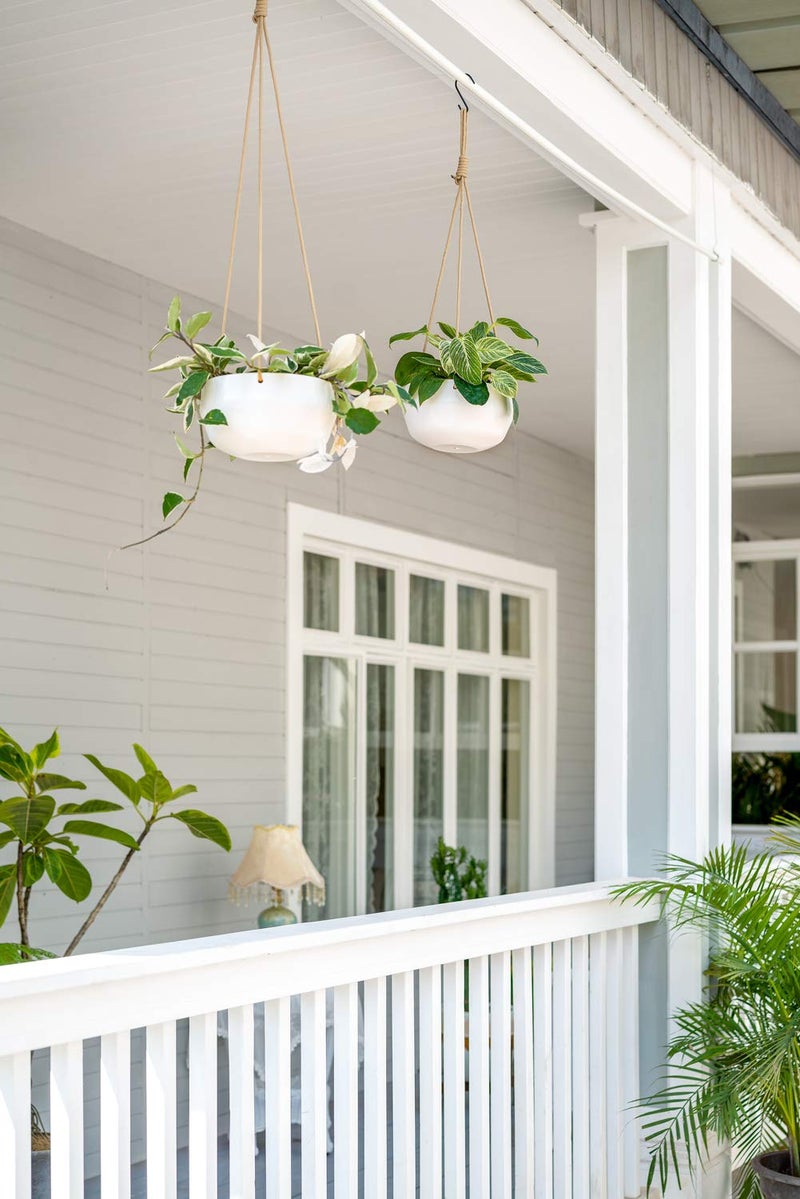 Mkono Ceramic Hanging Planter of Shallow 8 Inch and Deep 6 Inch for Indoor Outdoor Plants, Set of 2 Modern Plant Pot Geometric Porcelain Hanging Basket with Polyester Rope Hanger - Image 3